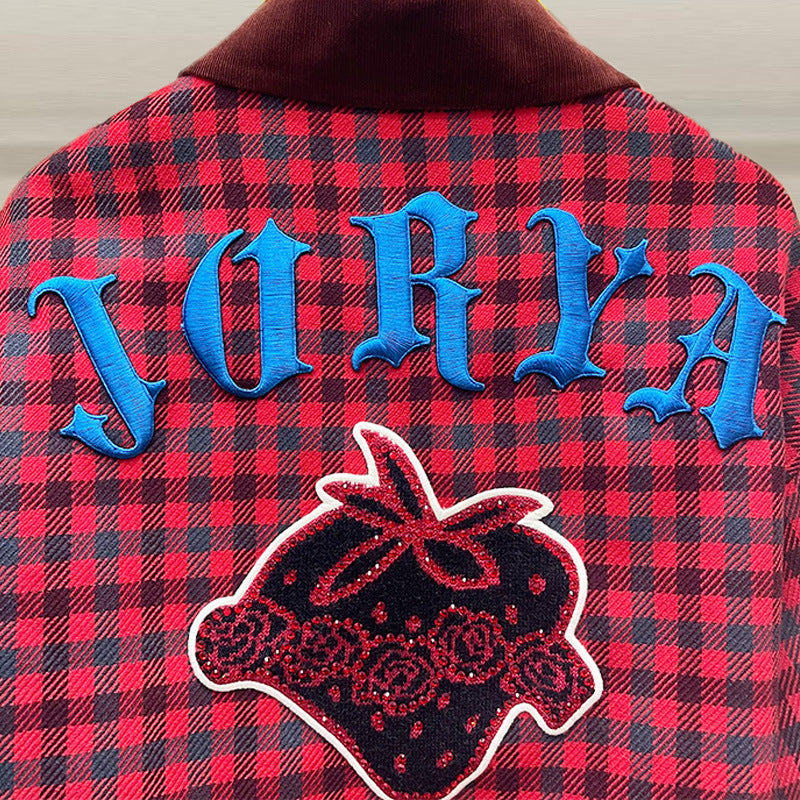 Short jacket with jewel-buttoned, checked velvet collar and long sleeves with embroidered lettering