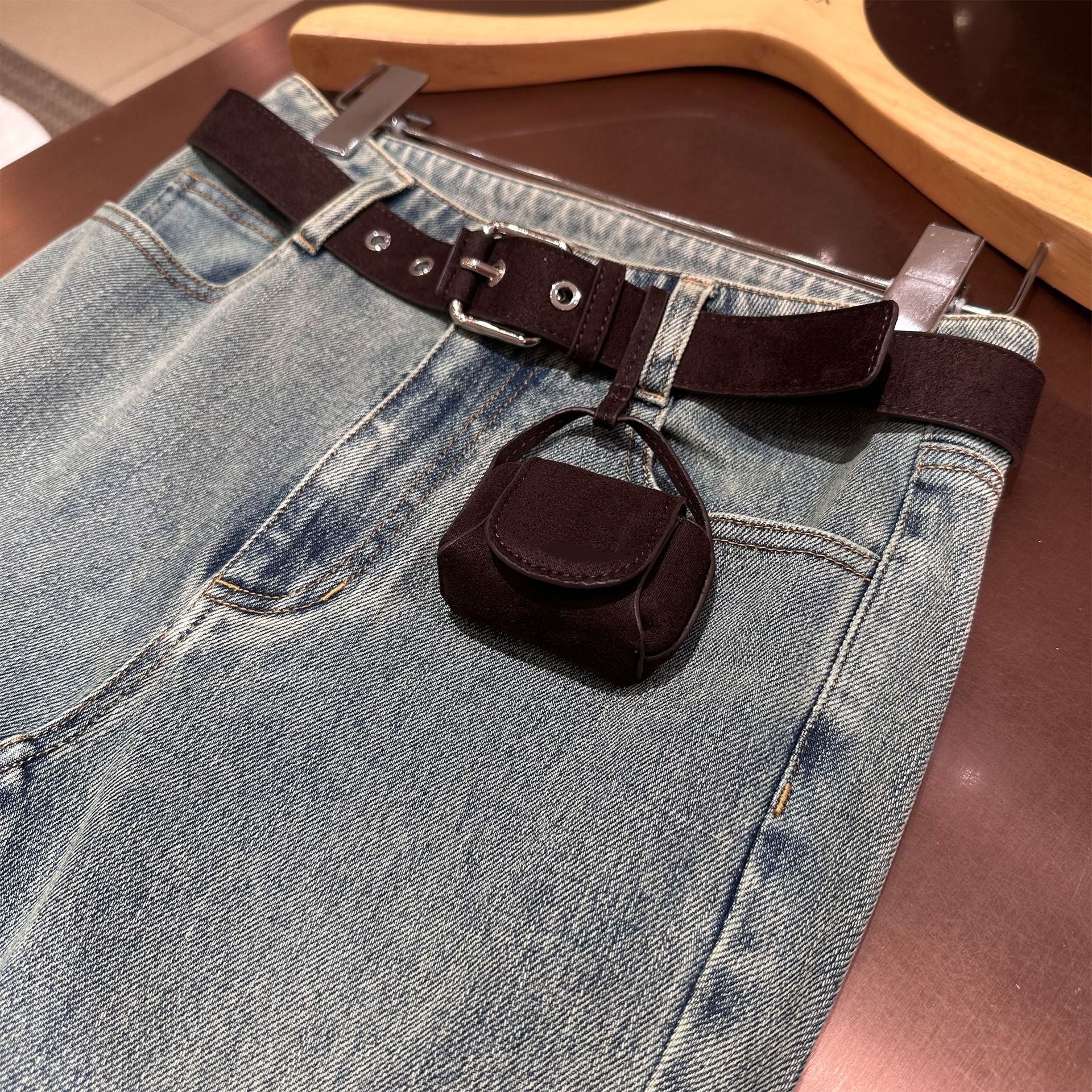 Blue high-waisted flared washed denim jeans