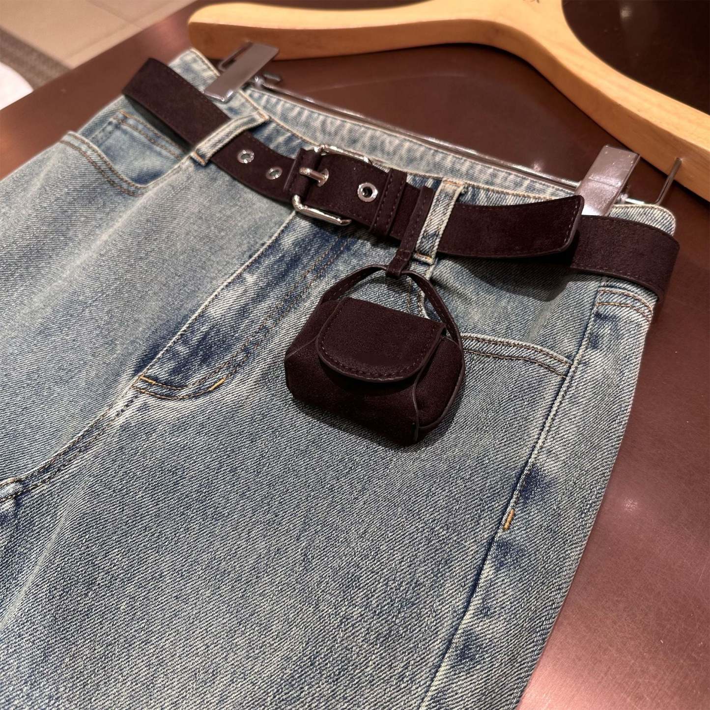 Blue high-waisted flared washed denim jeans