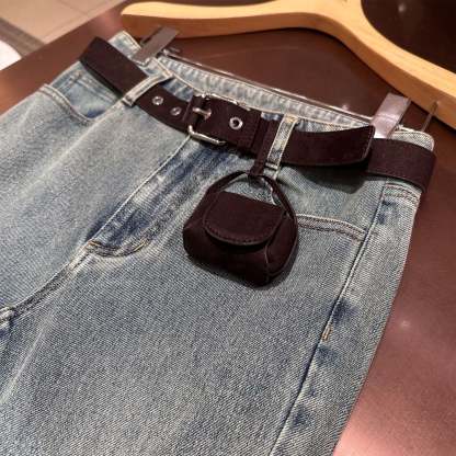 Blue high-waisted flared washed denim jeans