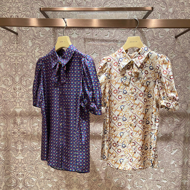 Floral bow-tie puff sleeve shirt