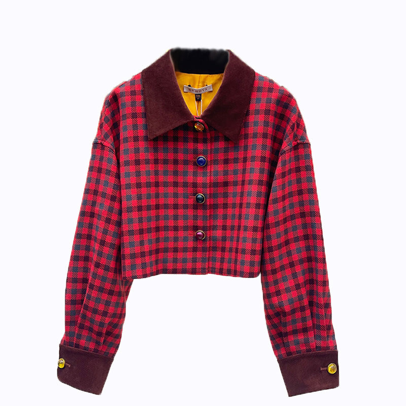 Short jacket with jewel-buttoned, checked velvet collar and long sleeves with embroidered lettering