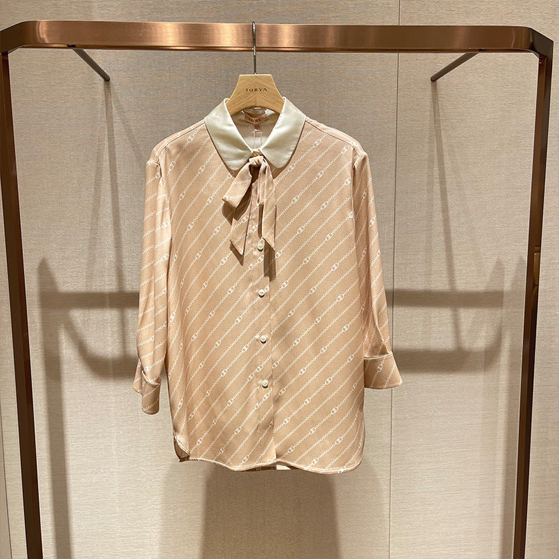 Bow-tie design mulberry silk thin shirt