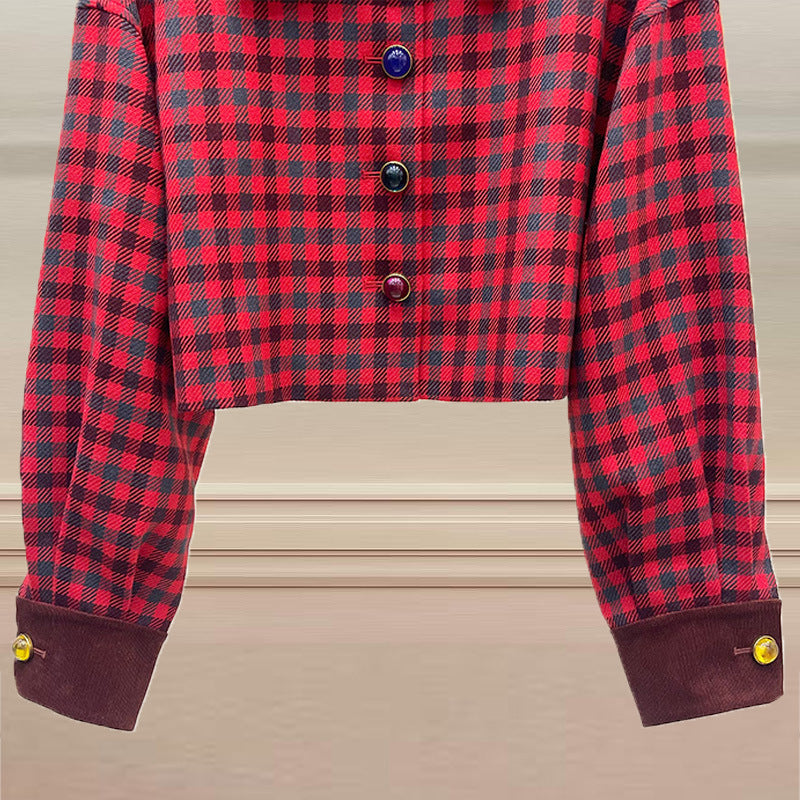 Short jacket with jewel-buttoned, checked velvet collar and long sleeves with embroidered lettering