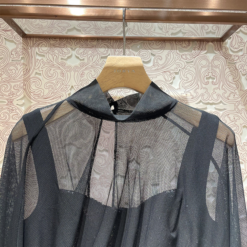 Mesh-collared, high-waisted, patchwork dress