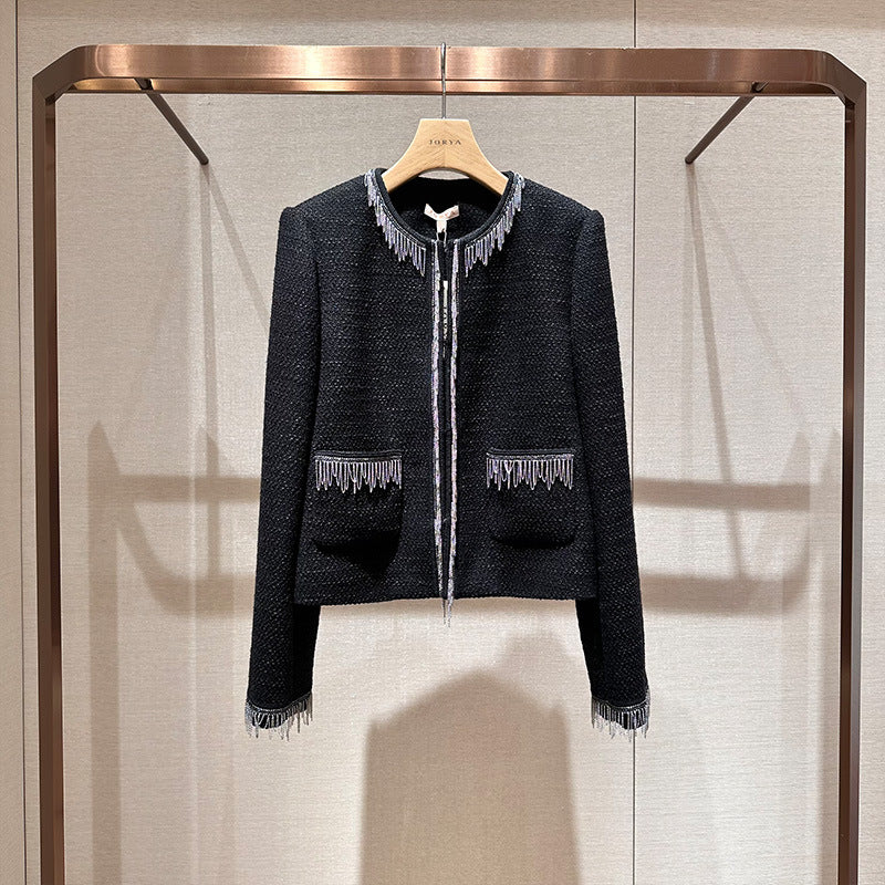 Color-blocked, stylish commuter jacket with tassels