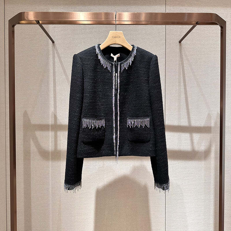 Color-blocked, stylish commuter jacket with tassels