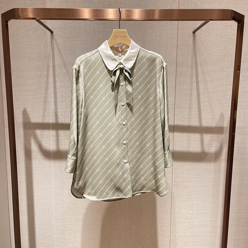 Bow-tie design mulberry silk thin shirt