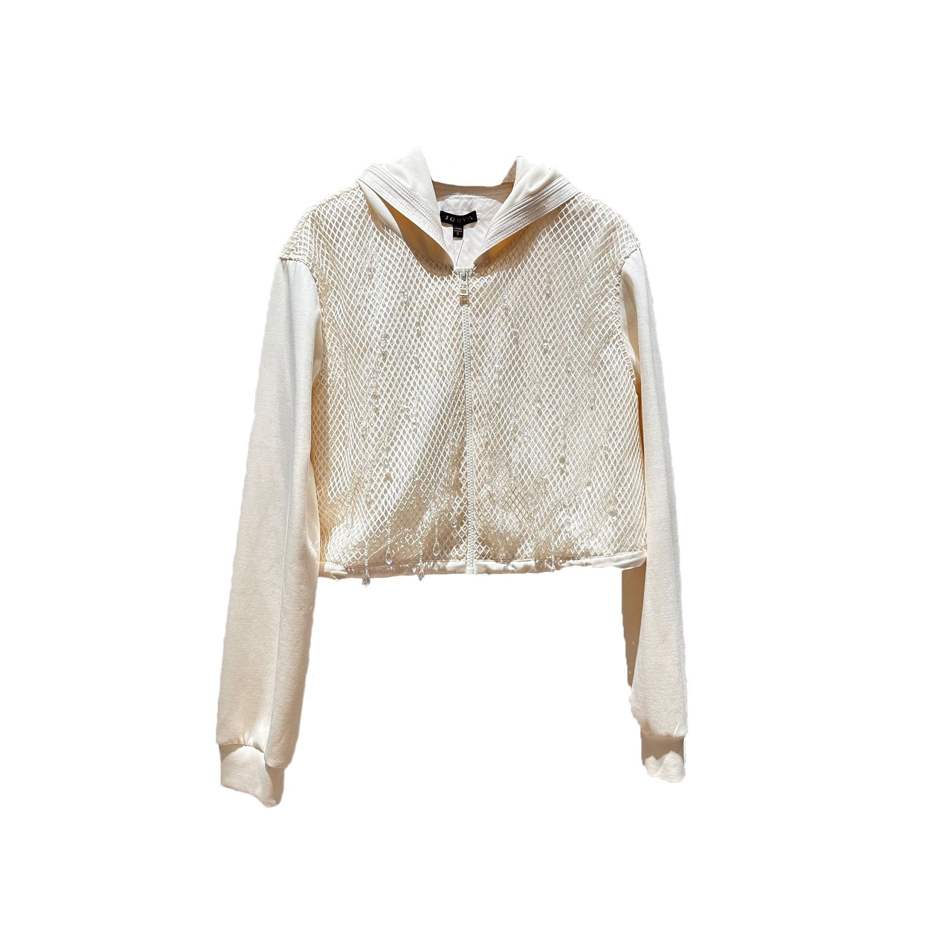 Mesh fabric, stylish long-sleeved hooded sweatshirt/short jacket