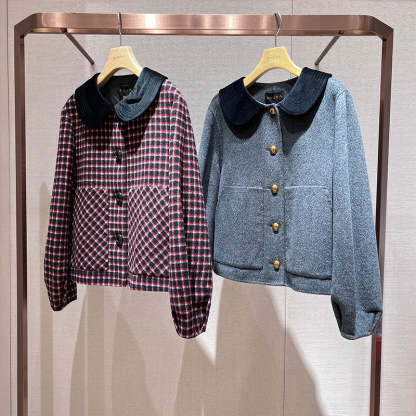 Single-breasted, pocketed, checked wool coat with lantern sleeves and velvet Peter Pan collar