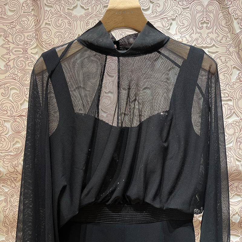 Mesh-collared, high-waisted, patchwork dress