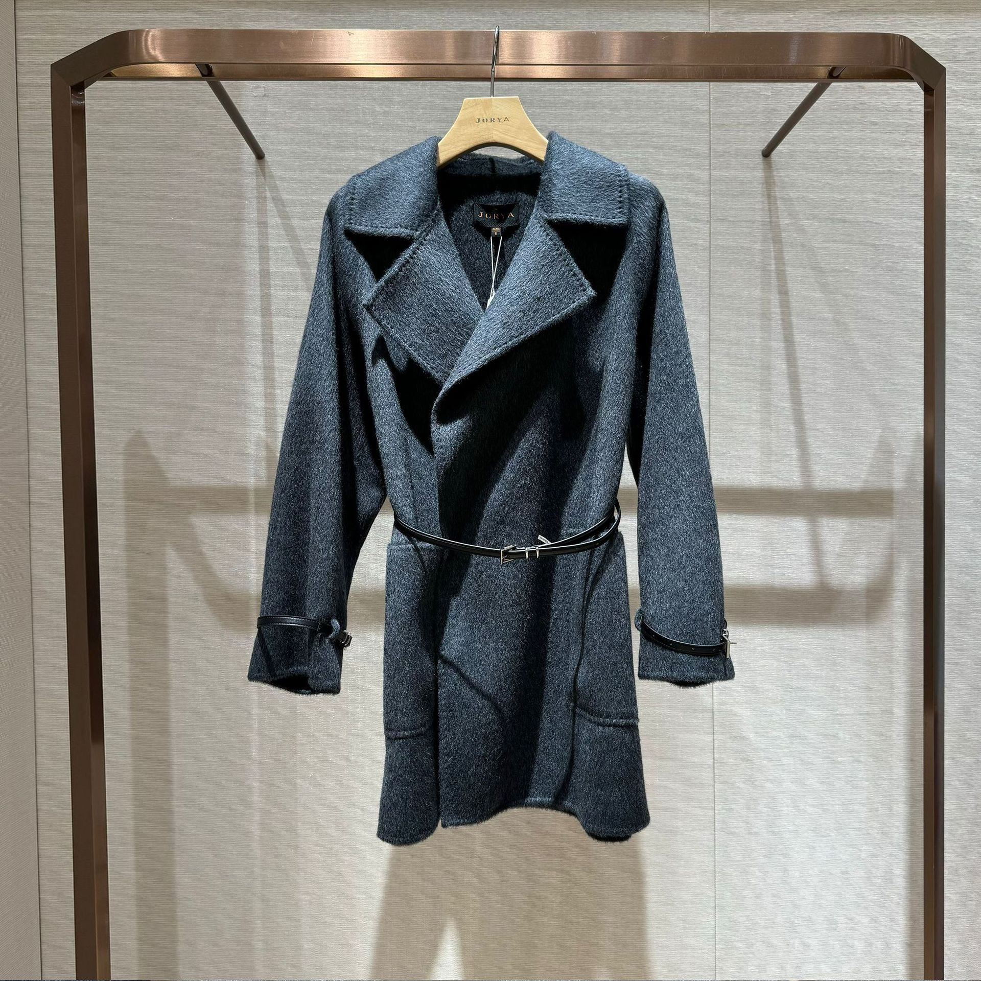 Gray long-sleeved trench coat with a belt design