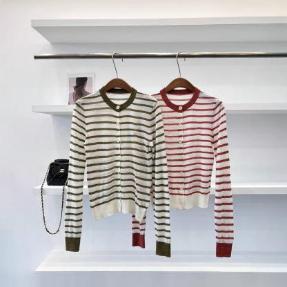 Women's linen blend color-blocked striped knit cardigan