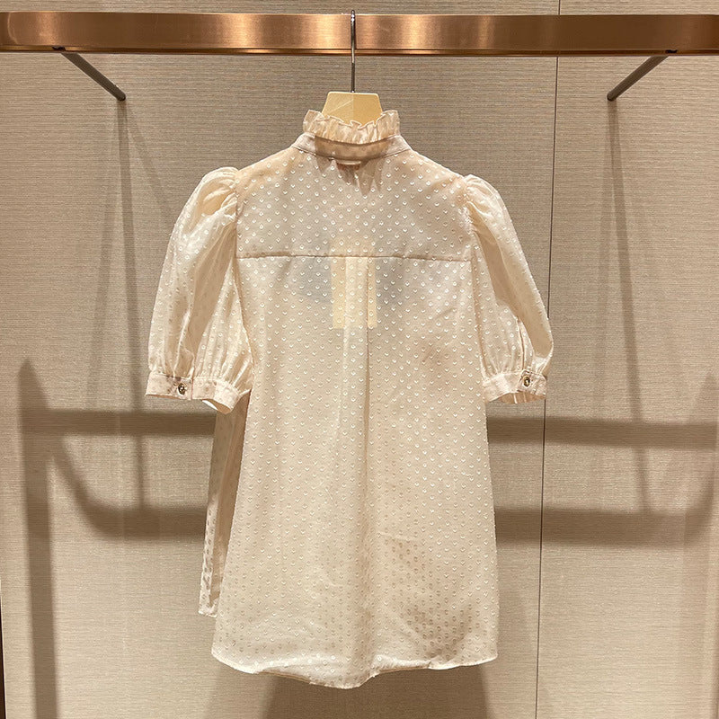 Stand-collar, bow-tie, polka-dot, puff-sleeved, single-breasted, lightweight shirt