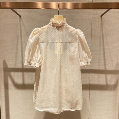 Stand-collar, bow-tie, polka-dot, puff-sleeved, single-breasted, lightweight shirt