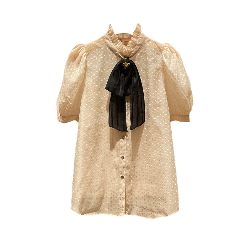 Stand-collar, bow-tie, polka-dot, puff-sleeved, single-breasted, lightweight shirt