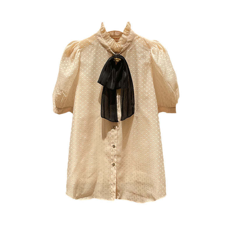 Stand-collar, bow-tie, polka-dot, puff-sleeved, single-breasted, lightweight shirt