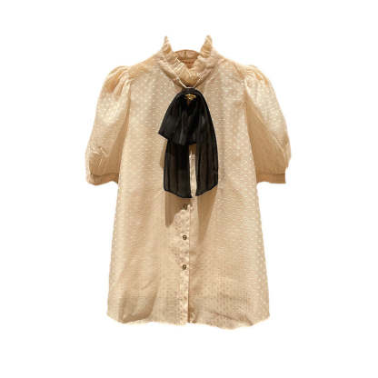 Stand-collar, bow-tie, polka-dot, puff-sleeved, single-breasted, lightweight shirt