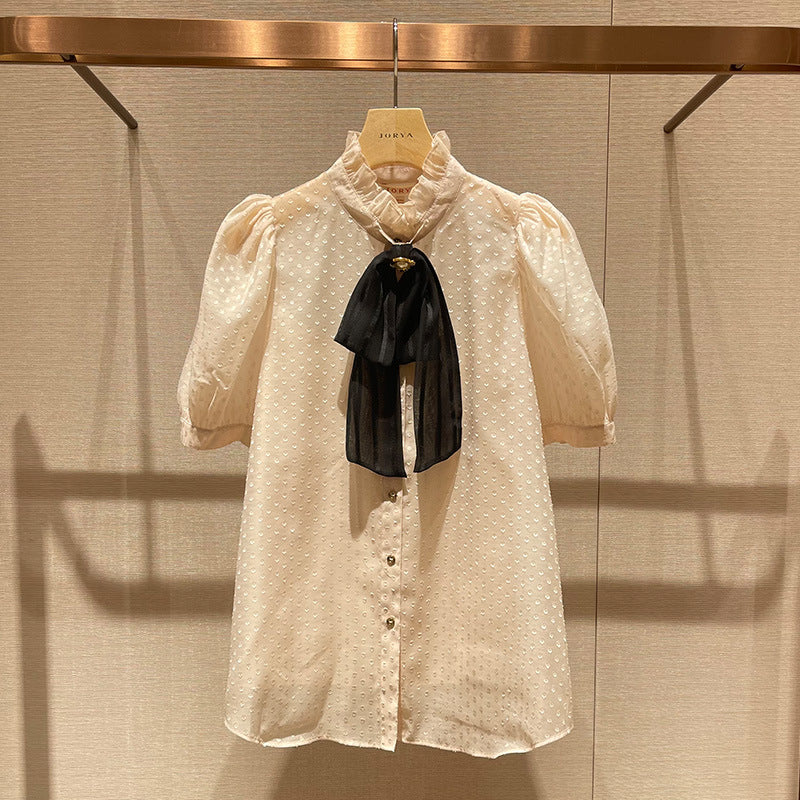 Stand-collar, bow-tie, polka-dot, puff-sleeved, single-breasted, lightweight shirt