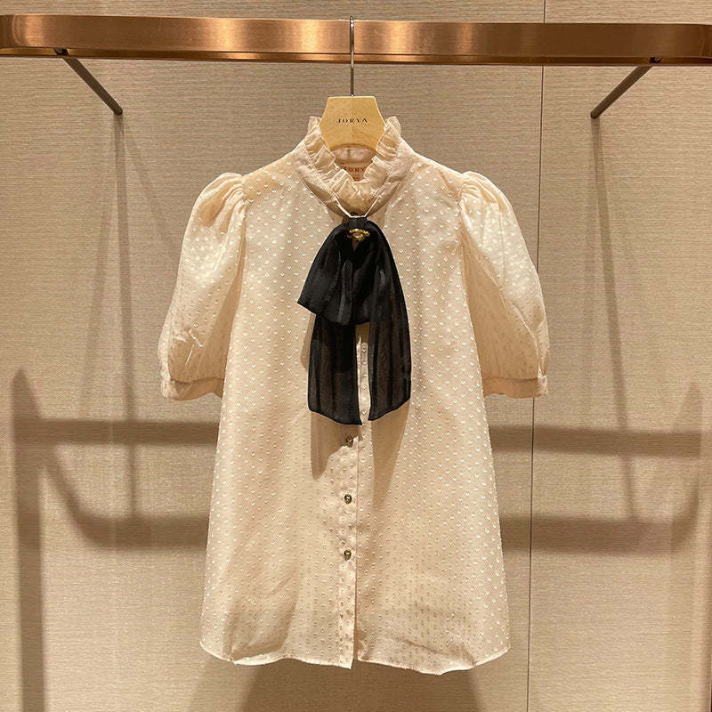 Stand-collar, bow-tie, polka-dot, puff-sleeved, single-breasted, lightweight shirt