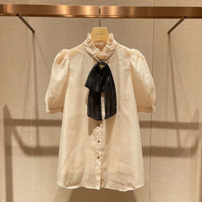 Stand-collar, bow-tie, polka-dot, puff-sleeved, single-breasted, lightweight shirt