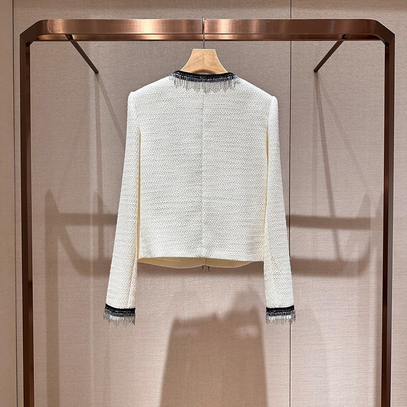 Color-blocked, stylish commuter jacket with tassels