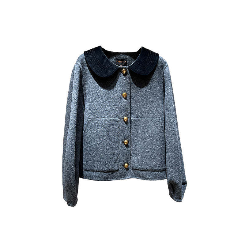 Single-breasted, pocketed, checked wool coat with lantern sleeves and velvet Peter Pan collar