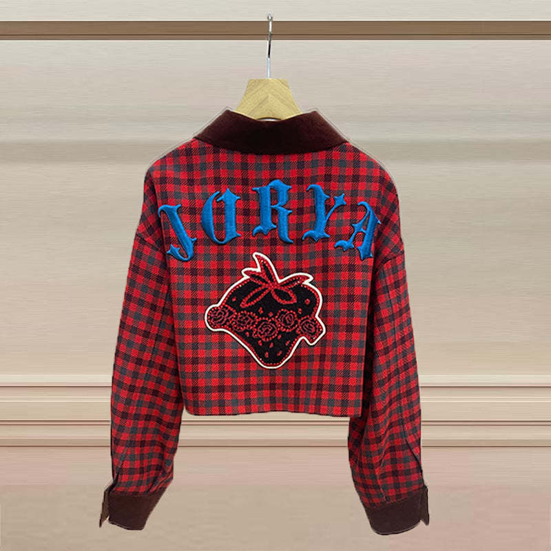 Short jacket with jewel-buttoned, checked velvet collar and long sleeves with embroidered lettering