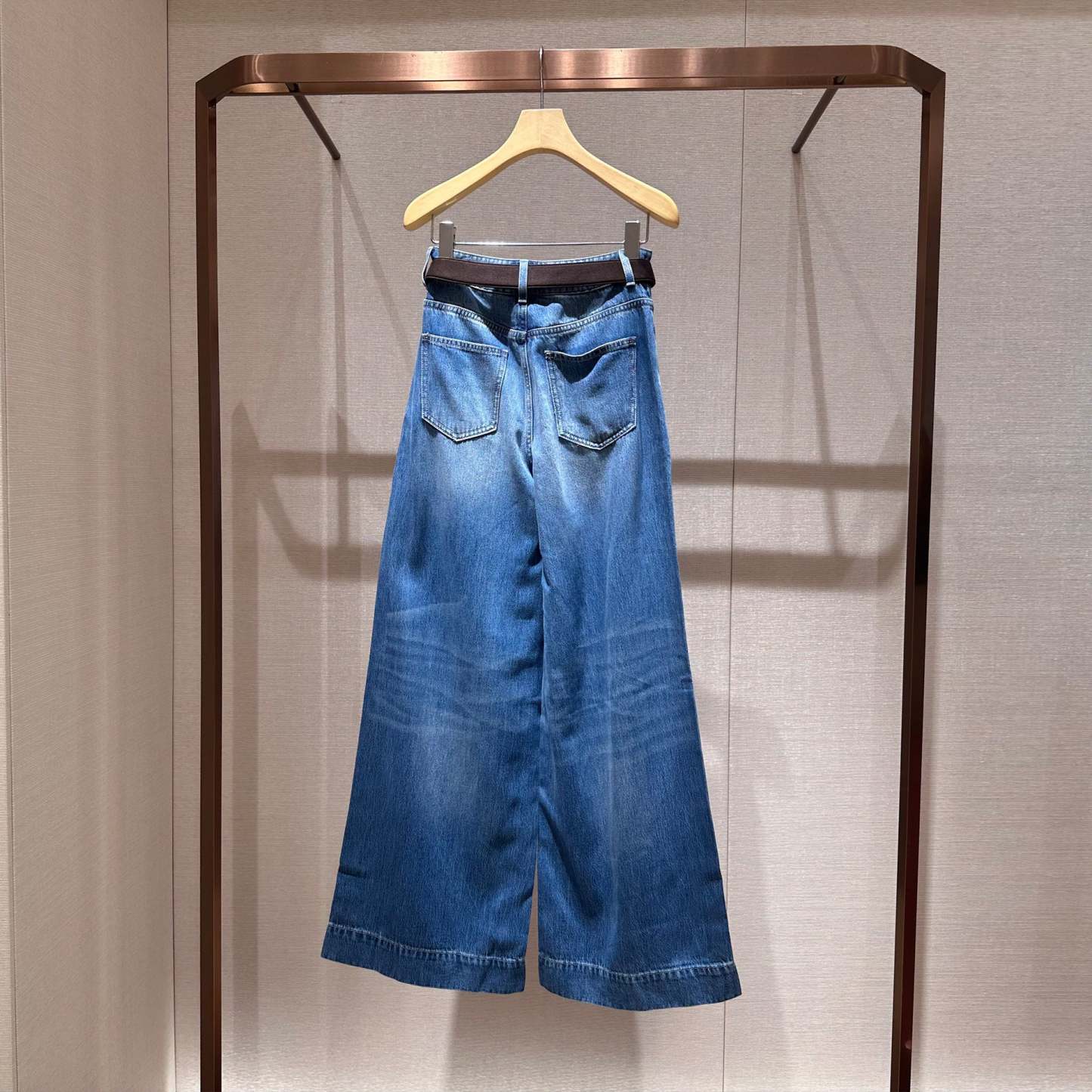 Blue high-waisted, relaxed-fit, wide-leg denim jeans