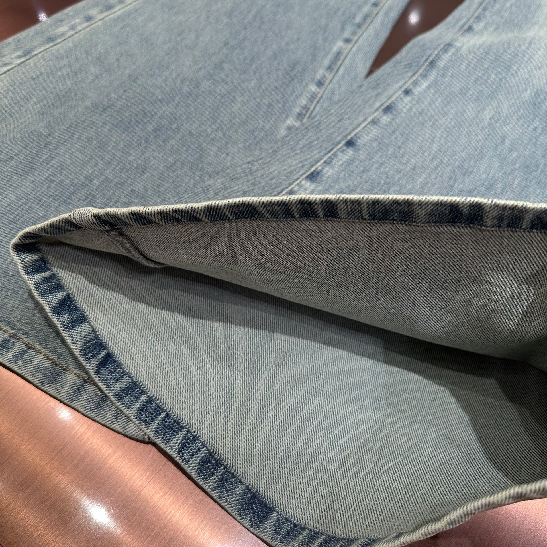 Blue high-waisted flared washed denim jeans