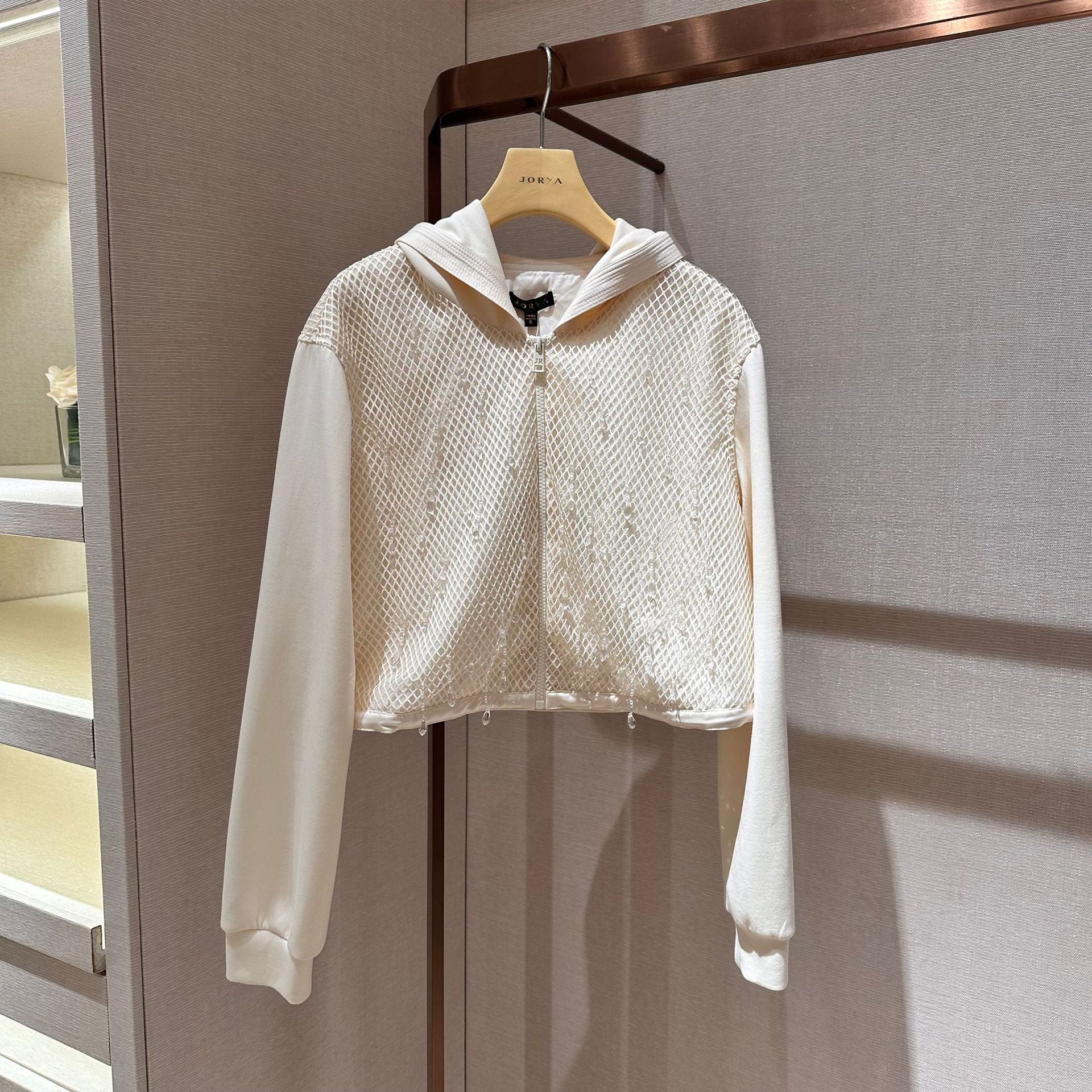 Mesh fabric, stylish long-sleeved hooded sweatshirt/short jacket