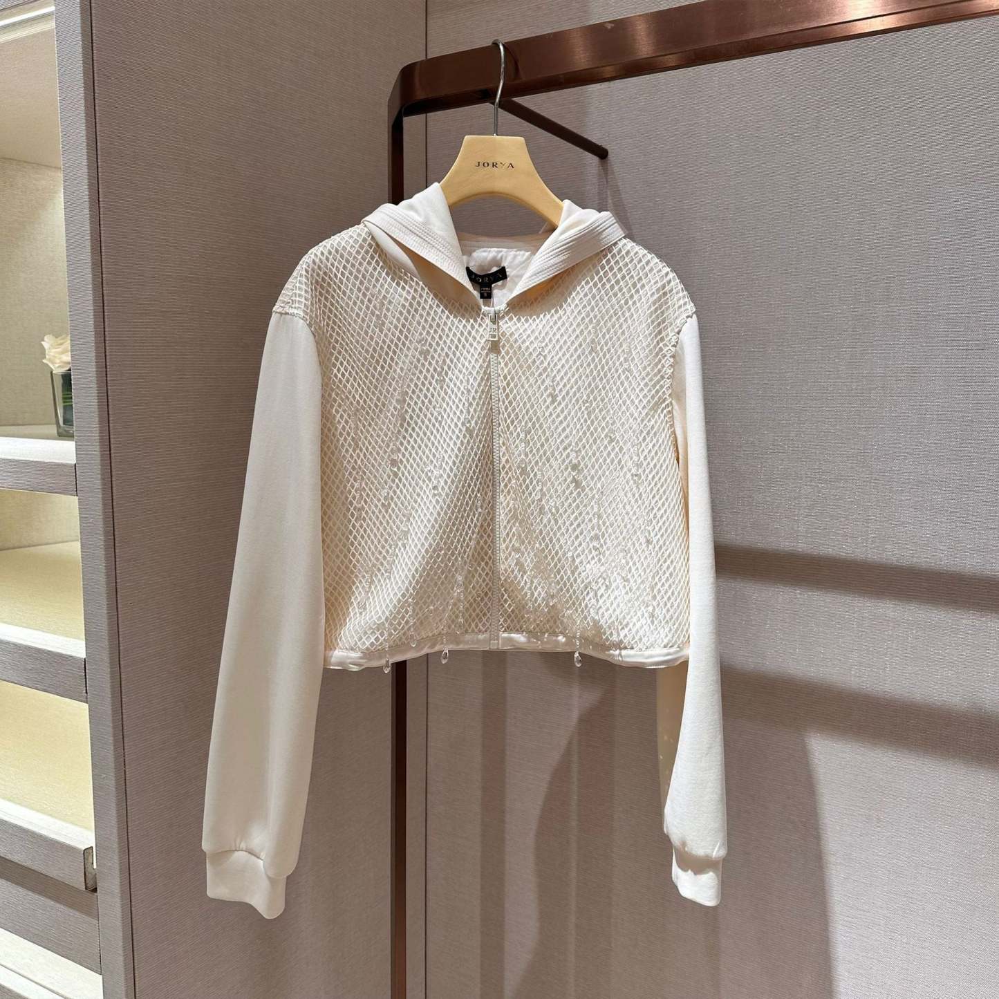 Mesh fabric, stylish long-sleeved hooded sweatshirt/short jacket