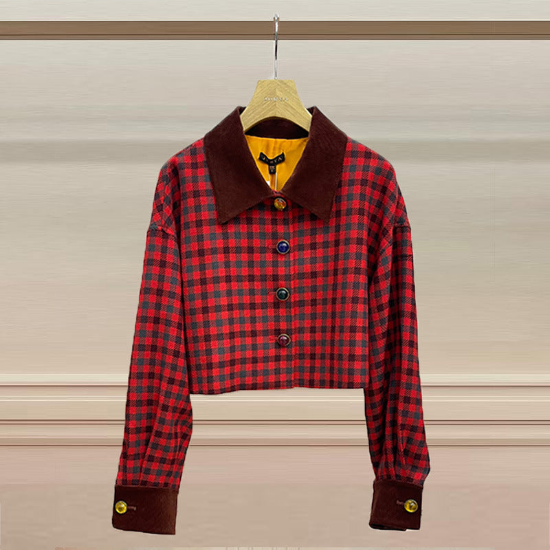 Short jacket with jewel-buttoned, checked velvet collar and long sleeves with embroidered lettering