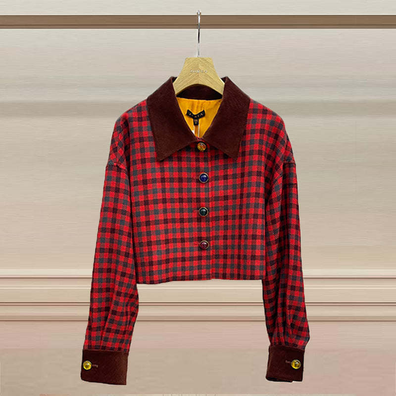 Short jacket with jewel-buttoned, checked velvet collar and long sleeves with embroidered lettering