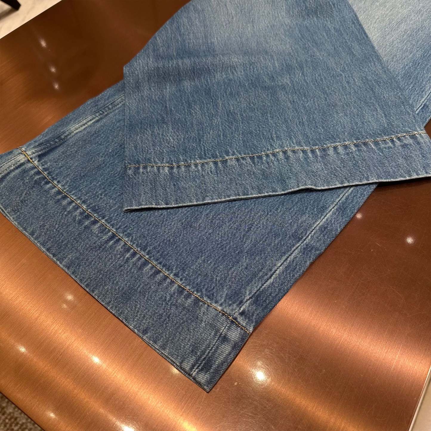 Blue high-waisted, relaxed-fit, wide-leg denim jeans