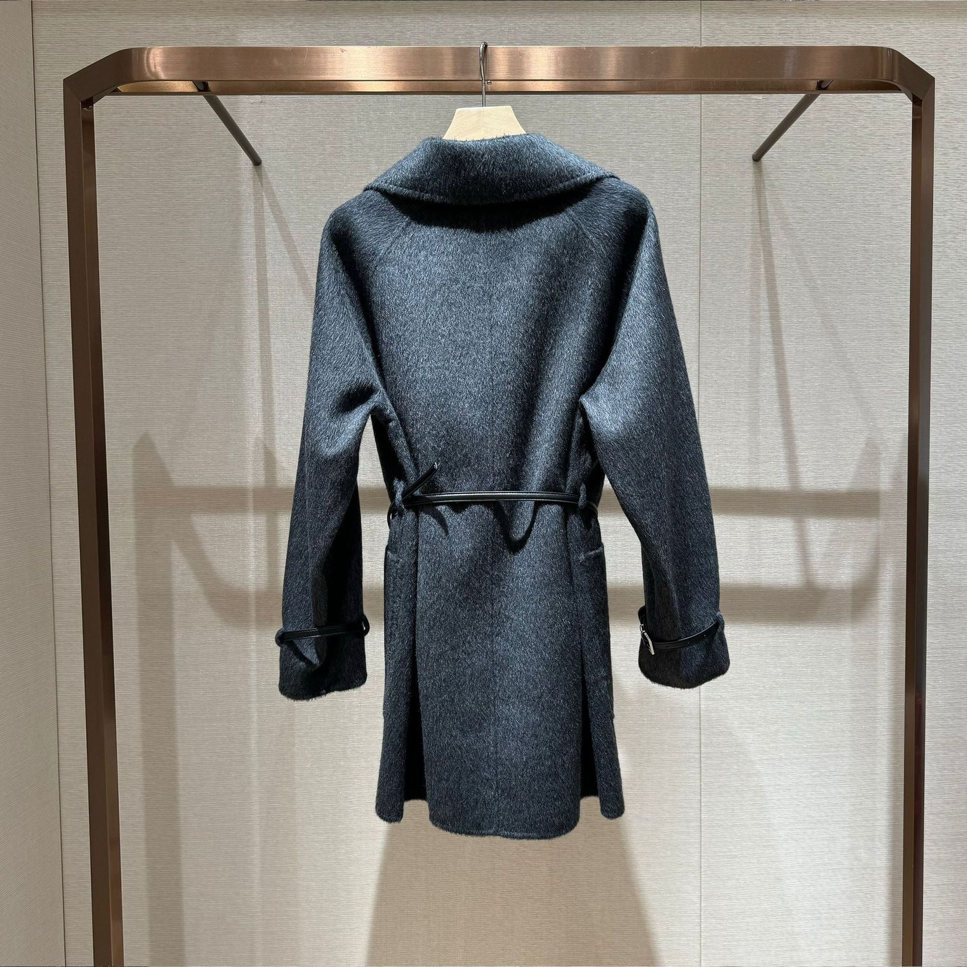 Gray long-sleeved trench coat with a belt design