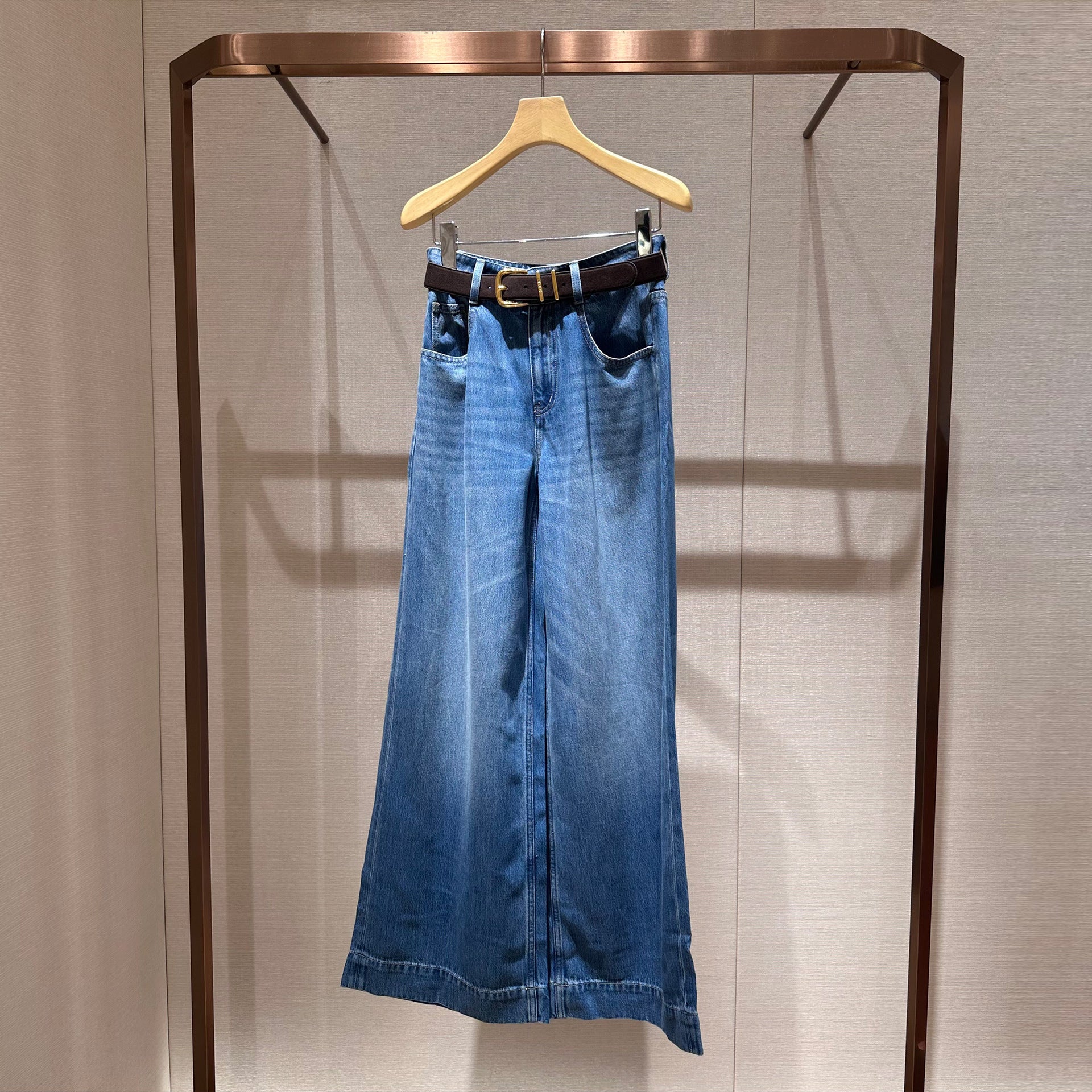 Blue high-waisted, relaxed-fit, wide-leg denim jeans