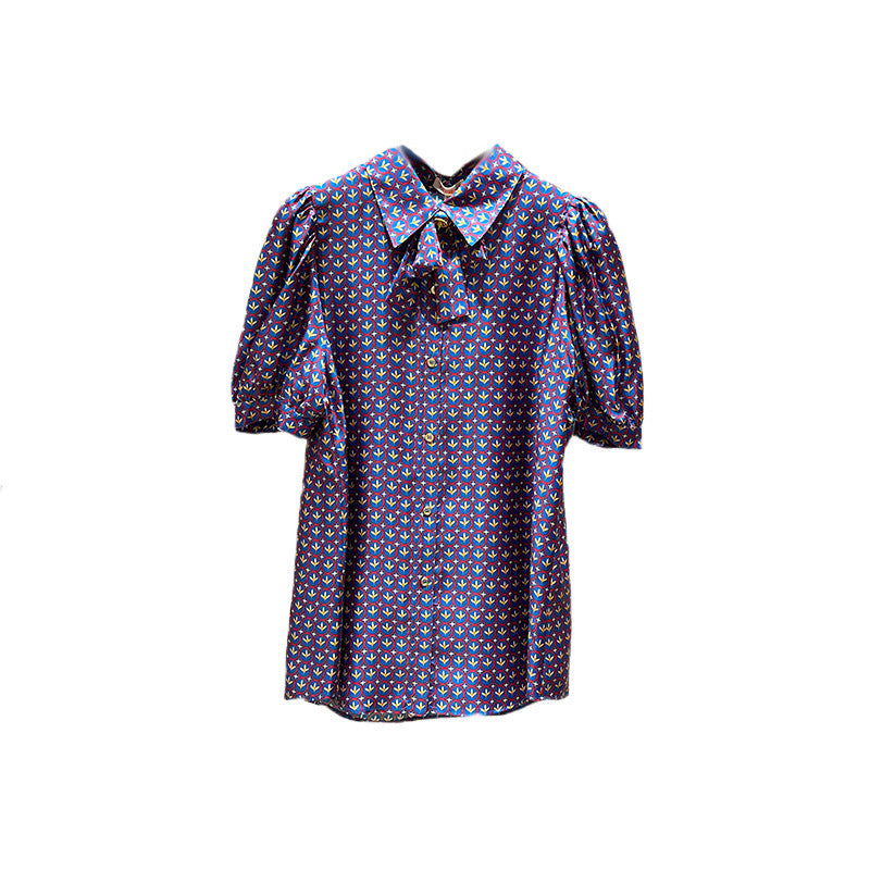 Floral bow-tie puff sleeve shirt