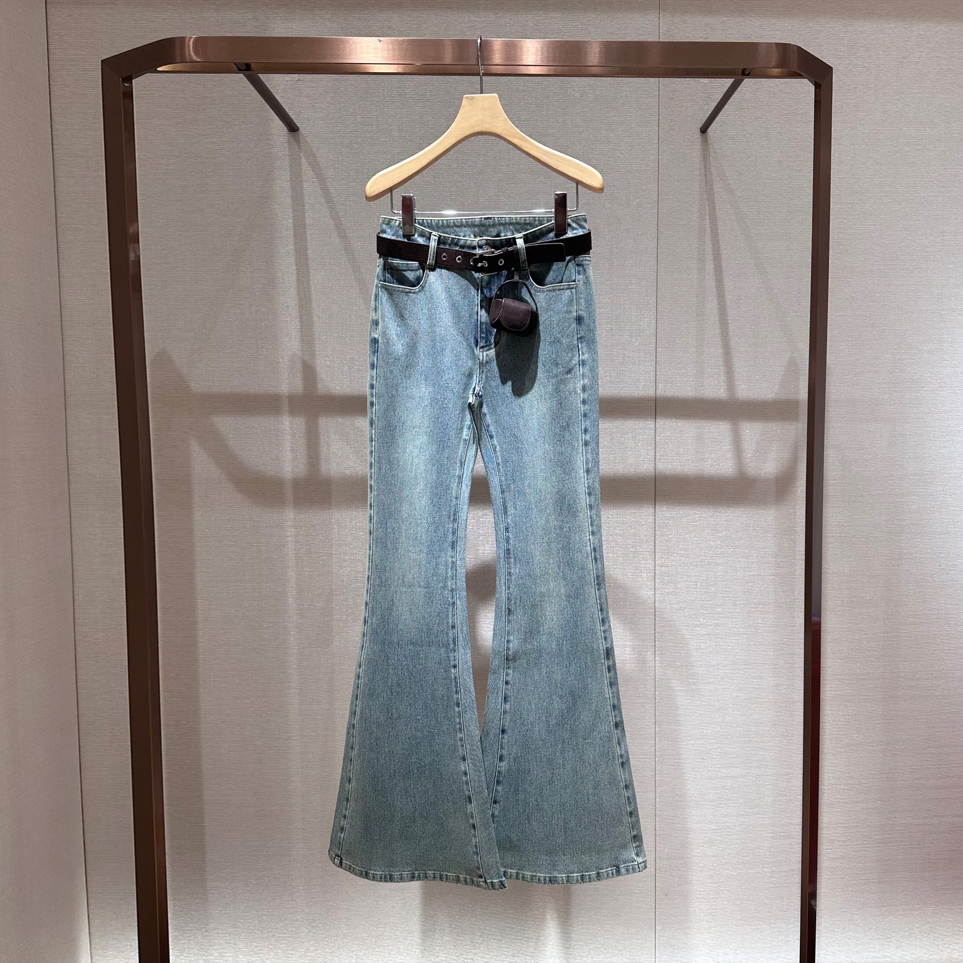 Blue high-waisted flared washed denim jeans