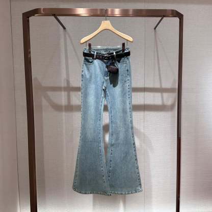 Blue high-waisted flared washed denim jeans