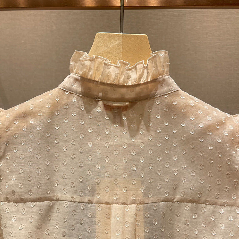 Stand-collar, bow-tie, polka-dot, puff-sleeved, single-breasted, lightweight shirt