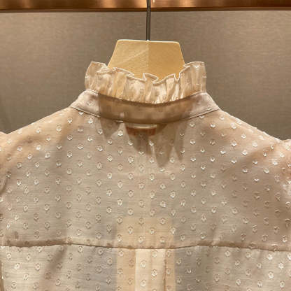 Stand-collar, bow-tie, polka-dot, puff-sleeved, single-breasted, lightweight shirt