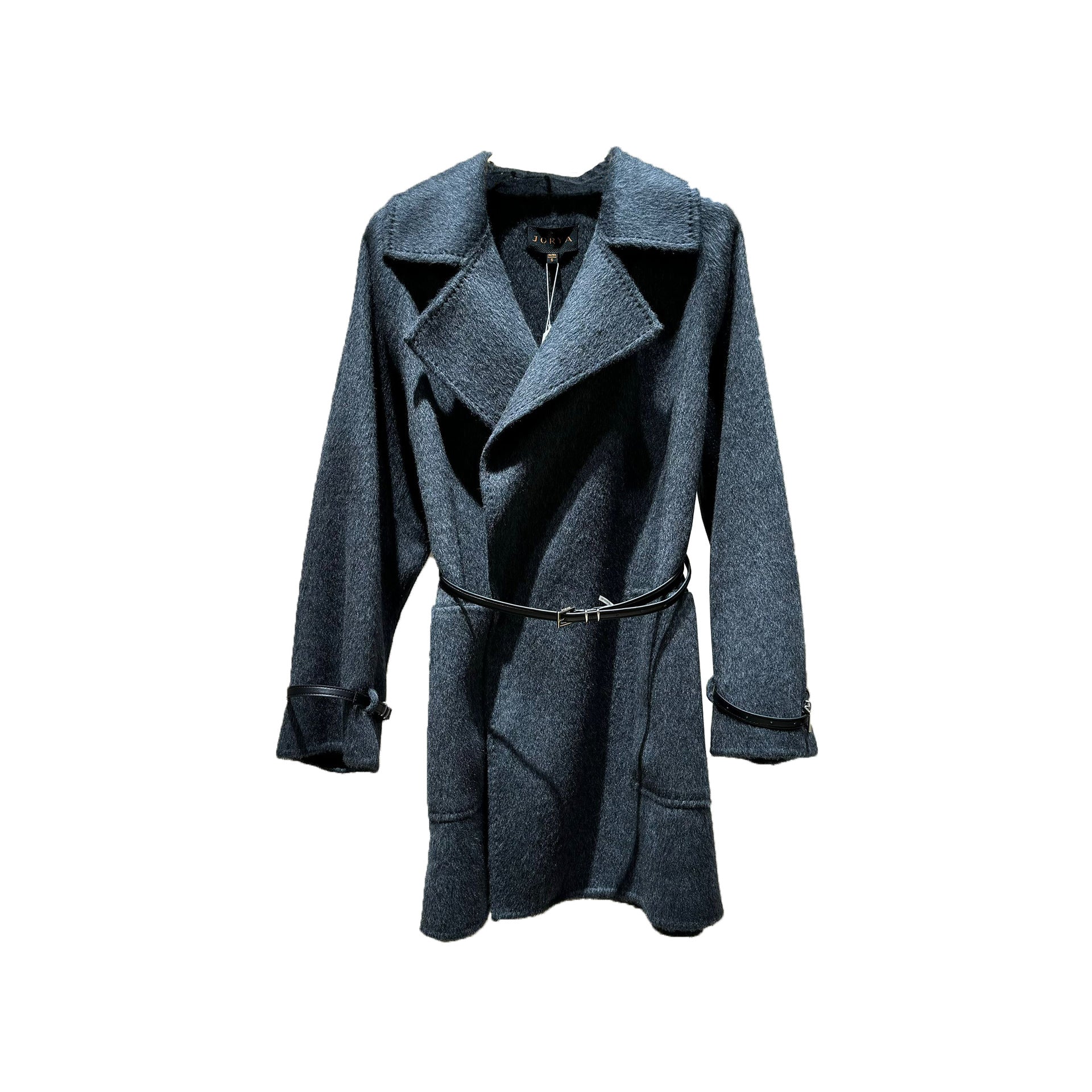 Gray long-sleeved trench coat with a belt design