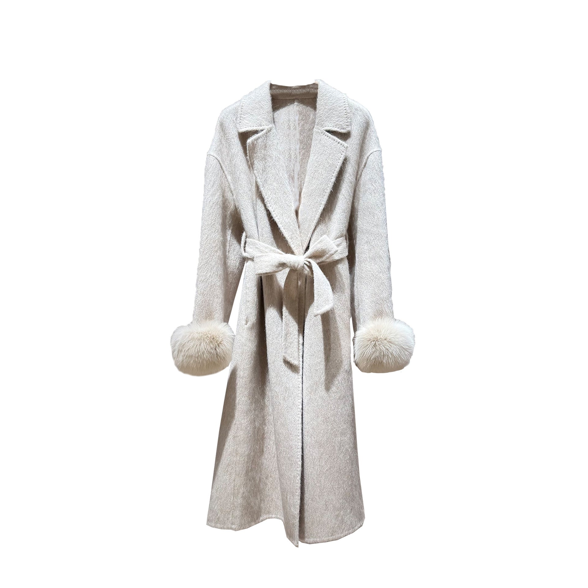 White coat with fur-trimmed sleeves, belted collar, and warm double-faced wool fabric
