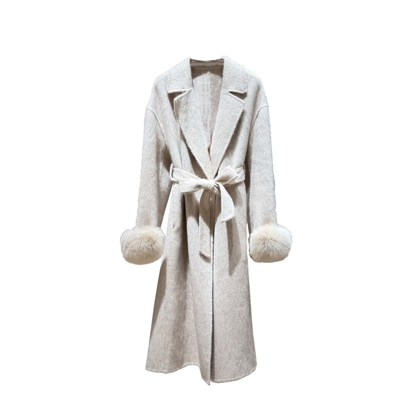White coat with fur-trimmed sleeves, belted collar, and warm double-faced wool fabric