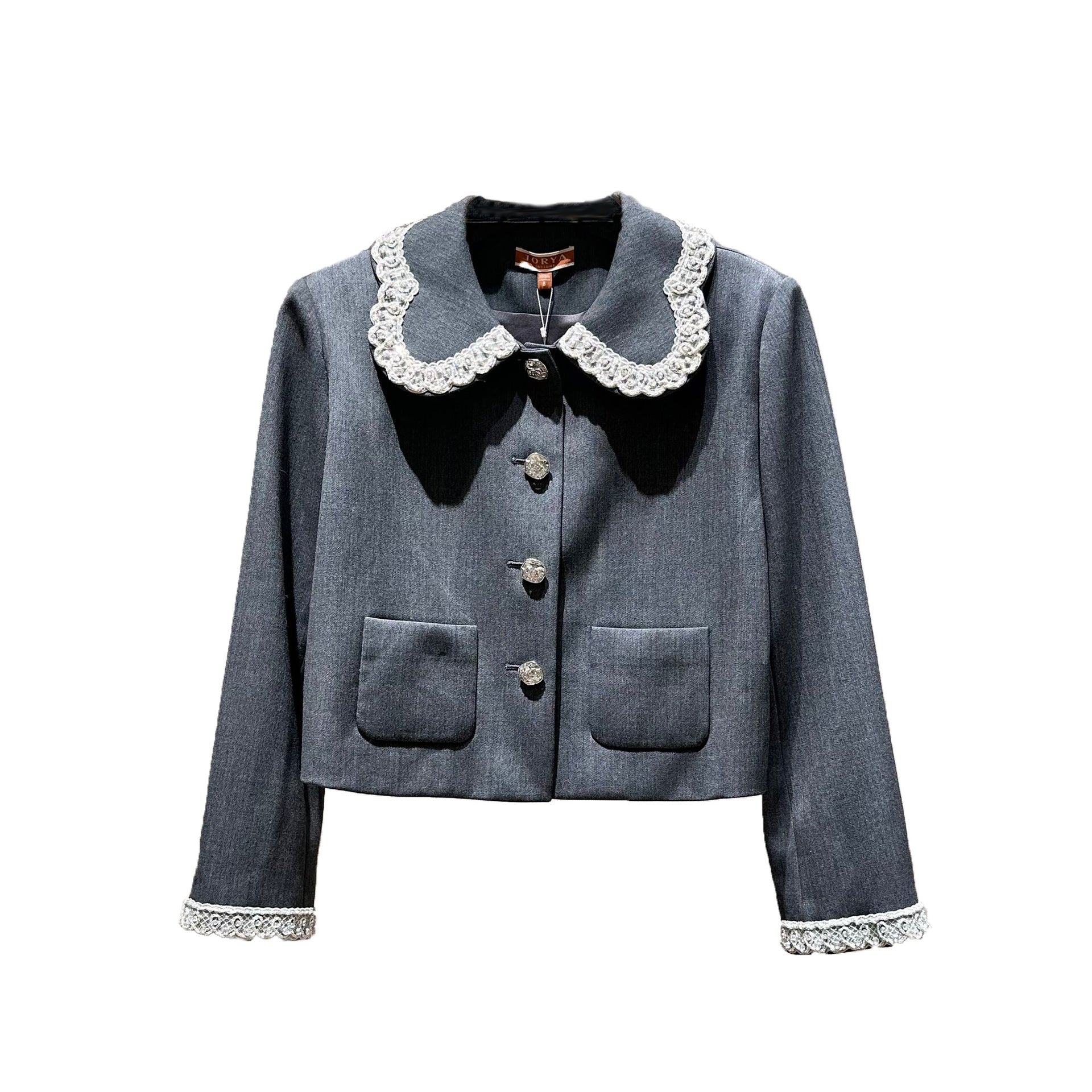 Gray single-breasted long-sleeved short jacket with stud embellishments