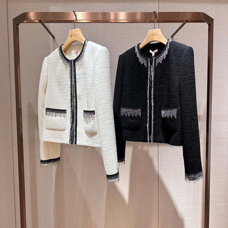 Color-blocked, stylish commuter jacket with tassels