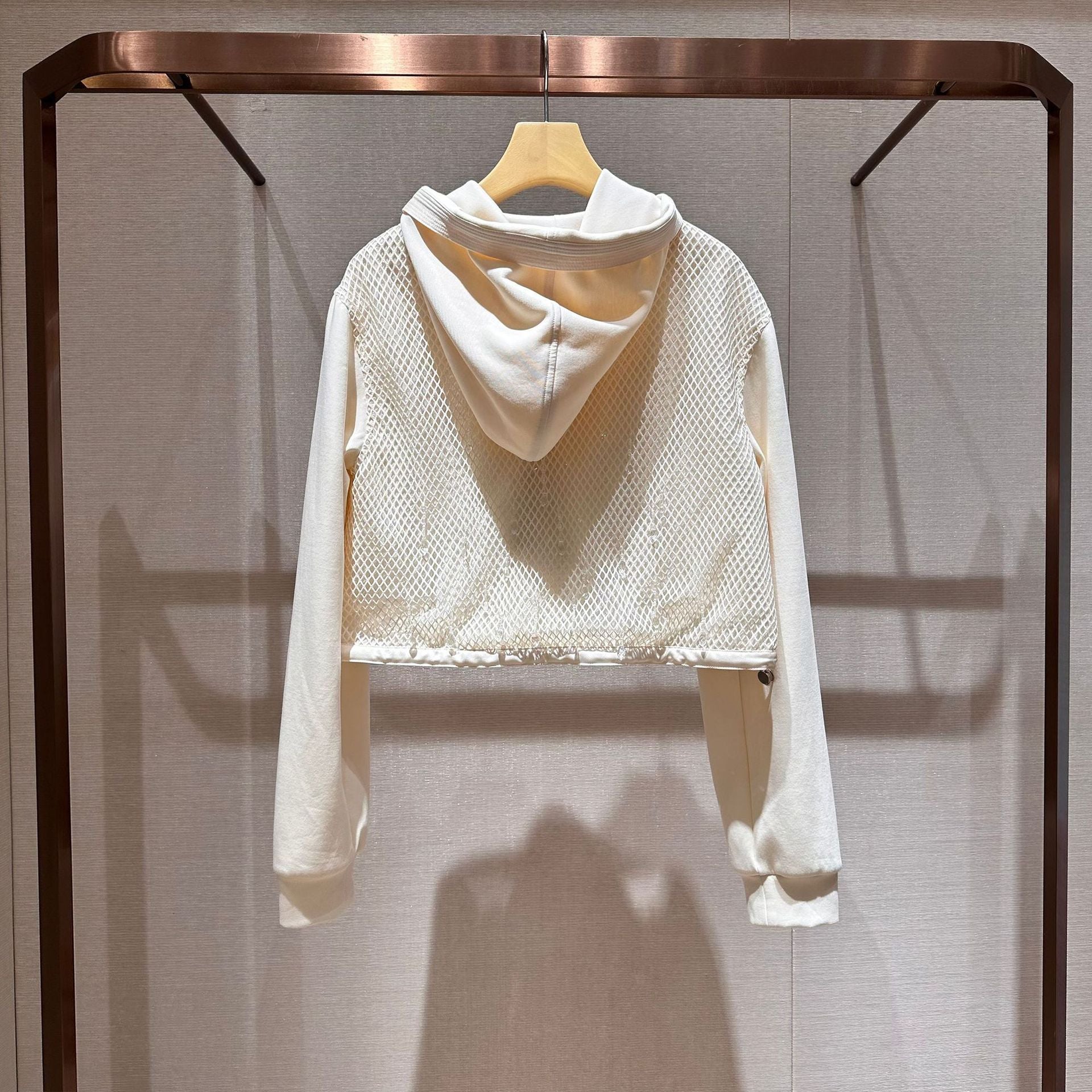 Mesh fabric, stylish long-sleeved hooded sweatshirt/short jacket