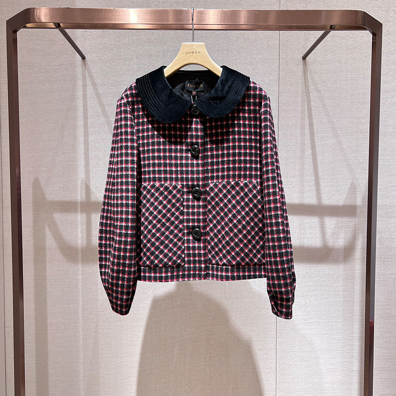 Single-breasted, pocketed, checked wool coat with lantern sleeves and velvet Peter Pan collar