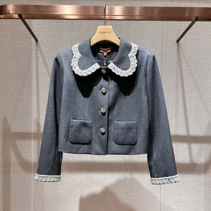 Gray single-breasted long-sleeved short jacket with stud embellishments